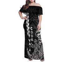 Cook Islands Vaa Polynesian Art Tattoo Family Matching Off Shoulder Maxi Dress and Hawaiian Shirt Black Color