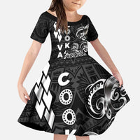 Cook Islands Va'a Polynesian Art Tattoo Family Matching Puletasi and Hawaiian Shirt Black Color LT03 Daughter's Dress Black - Polynesian Pride