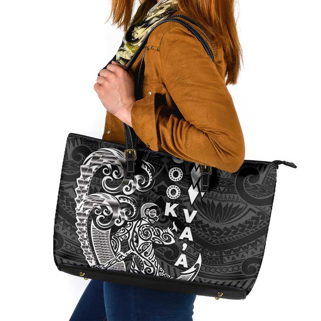 Cook Islands Vaa Polynesian Art Tattoo Leather Tote Bag Black Color