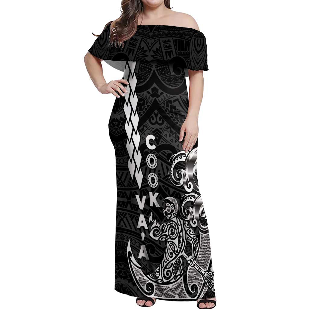 Cook Islands Vaa Polynesian Art Tattoo Off Shoulder Maxi Dress Black Color