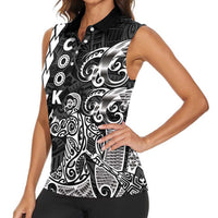Cook Islands Vaa Polynesian Art Tattoo Women Sleeveless Polo Shirt Black Color