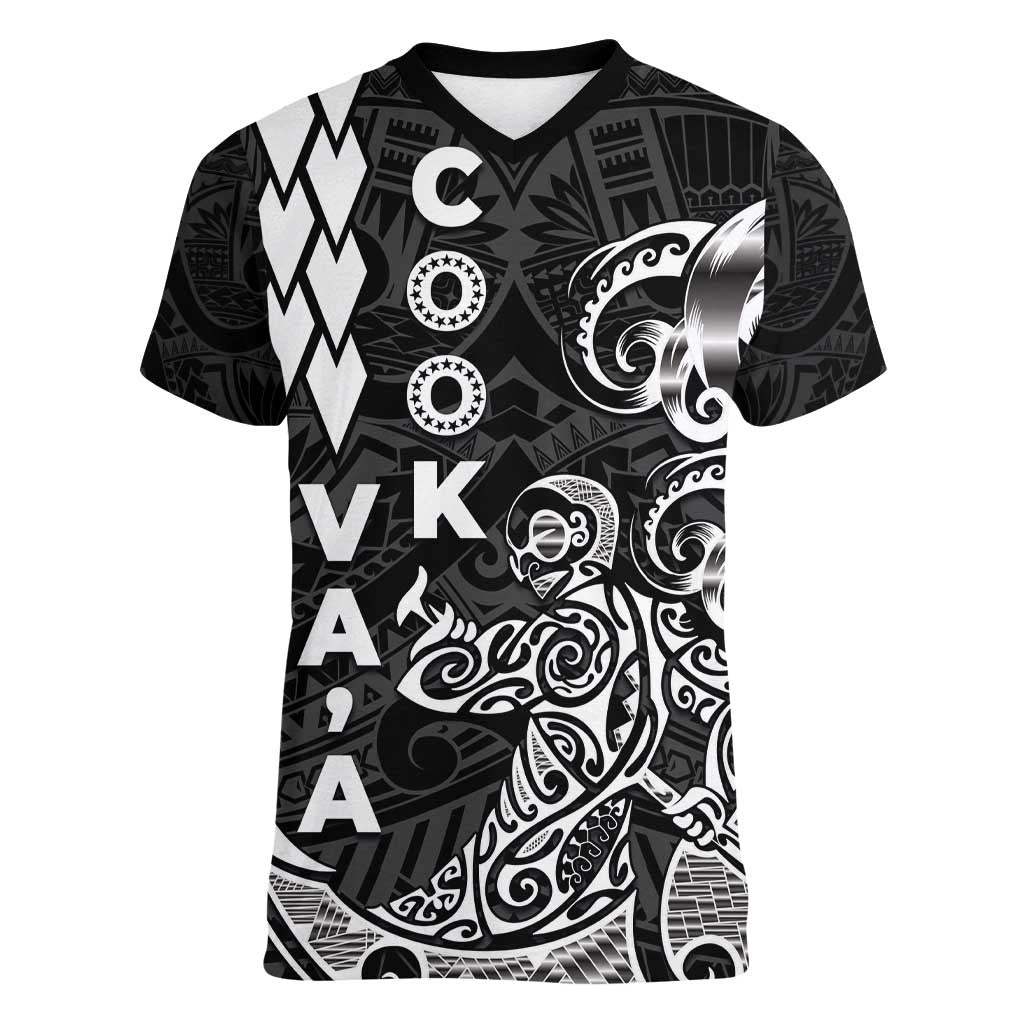 Cook Islands Vaa Polynesian Art Tattoo Women V-Neck T-Shirt Black Color