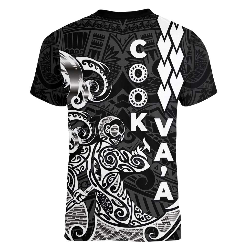 Cook Islands Vaa Polynesian Art Tattoo Women V-Neck T-Shirt Black Color