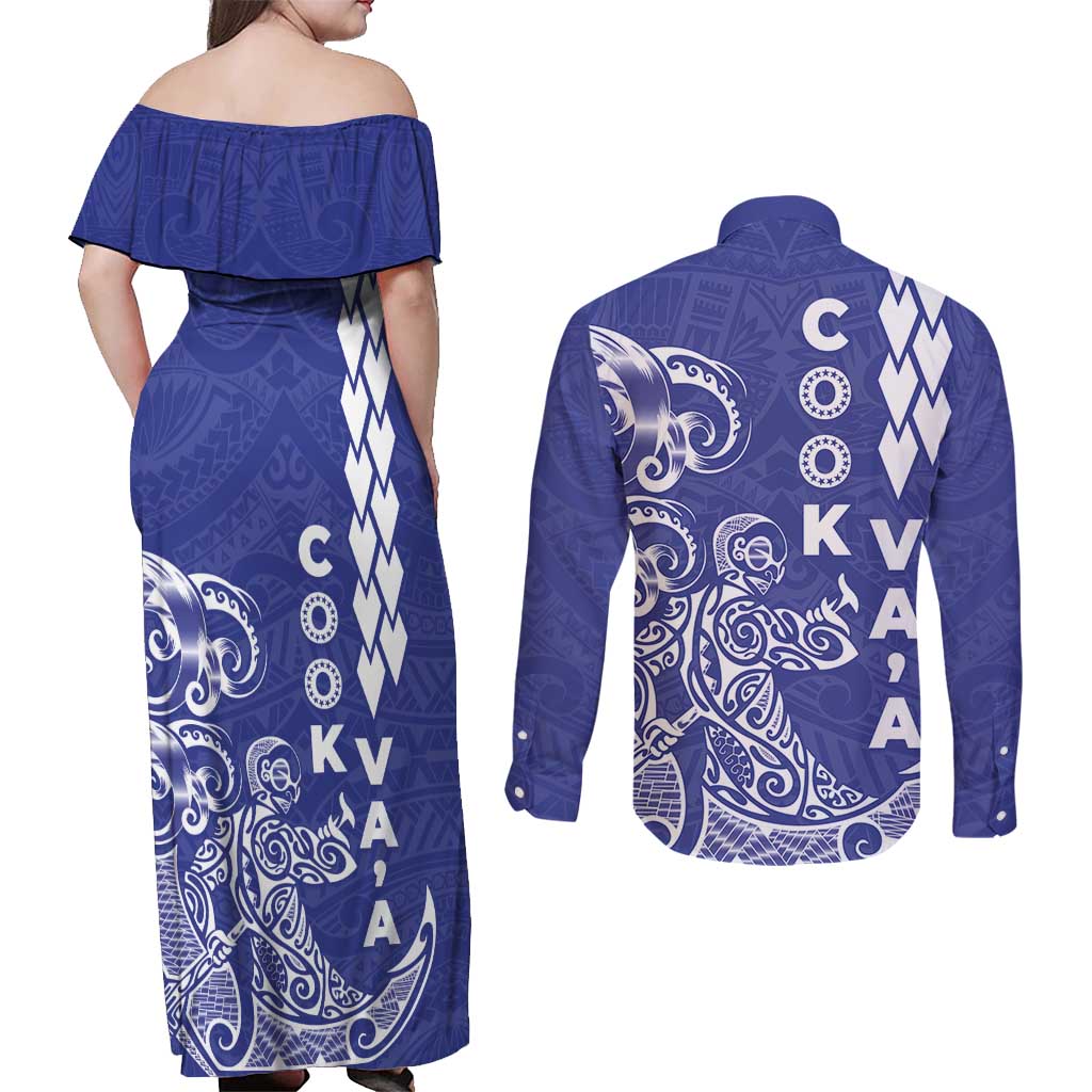 Cook Islands Vaa Polynesian Art Tattoo Couples Matching Off Shoulder Maxi Dress and Long Sleeve Button Shirt Blue Color