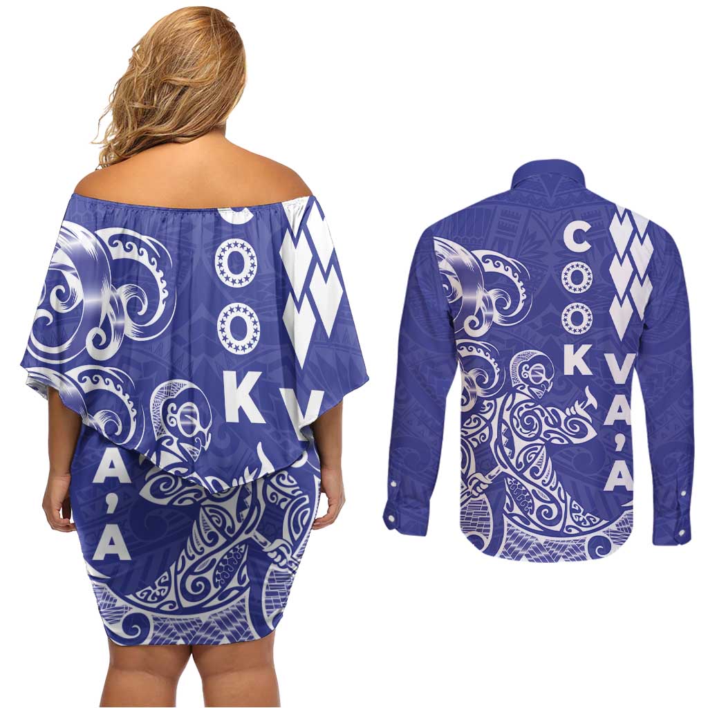 Cook Islands Vaa Polynesian Art Tattoo Couples Matching Off Shoulder Short Dress and Long Sleeve Button Shirt Blue Color