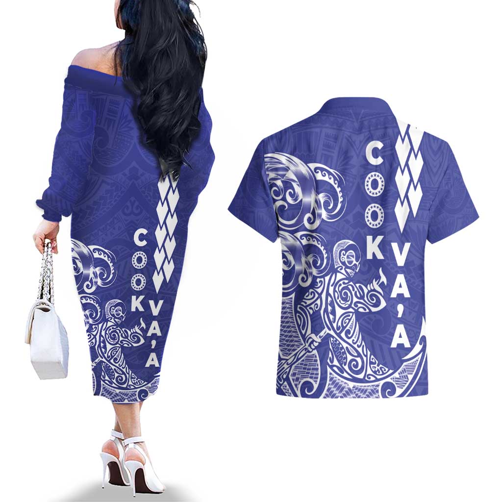 Cook Islands Va'a Polynesian Art Tattoo Couples Matching Off The Shoulder Long Sleeve Dress and Hawaiian Shirt Blue Color LT03 - Polynesian Pride