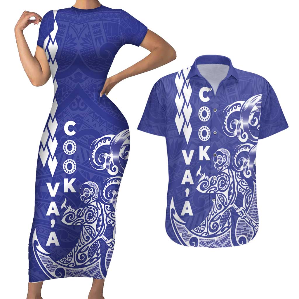 Cook Islands Vaa Polynesian Art Tattoo Couples Matching Short Sleeve Bodycon Dress and Hawaiian Shirt Blue Color