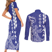 Cook Islands Vaa Polynesian Art Tattoo Couples Matching Short Sleeve Bodycon Dress and Long Sleeve Button Shirt Blue Color