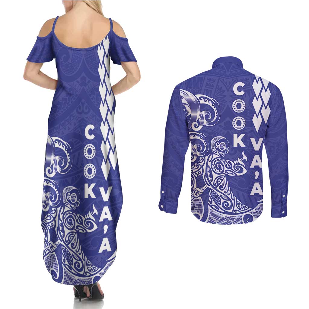 Cook Islands Vaa Polynesian Art Tattoo Couples Matching Summer Maxi Dress and Long Sleeve Button Shirt Blue Color