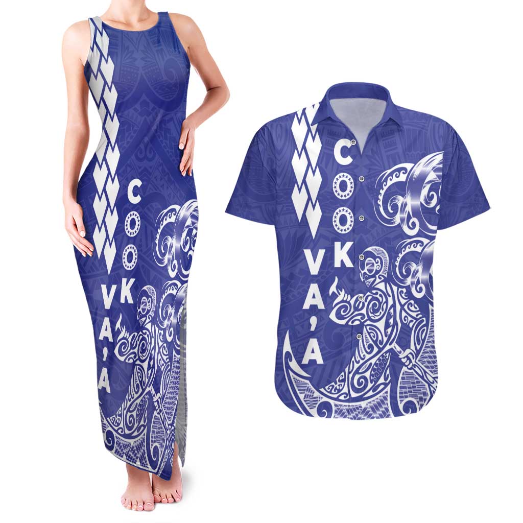 Cook Islands Vaa Polynesian Art Tattoo Couples Matching Tank Maxi Dress and Hawaiian Shirt Blue Color