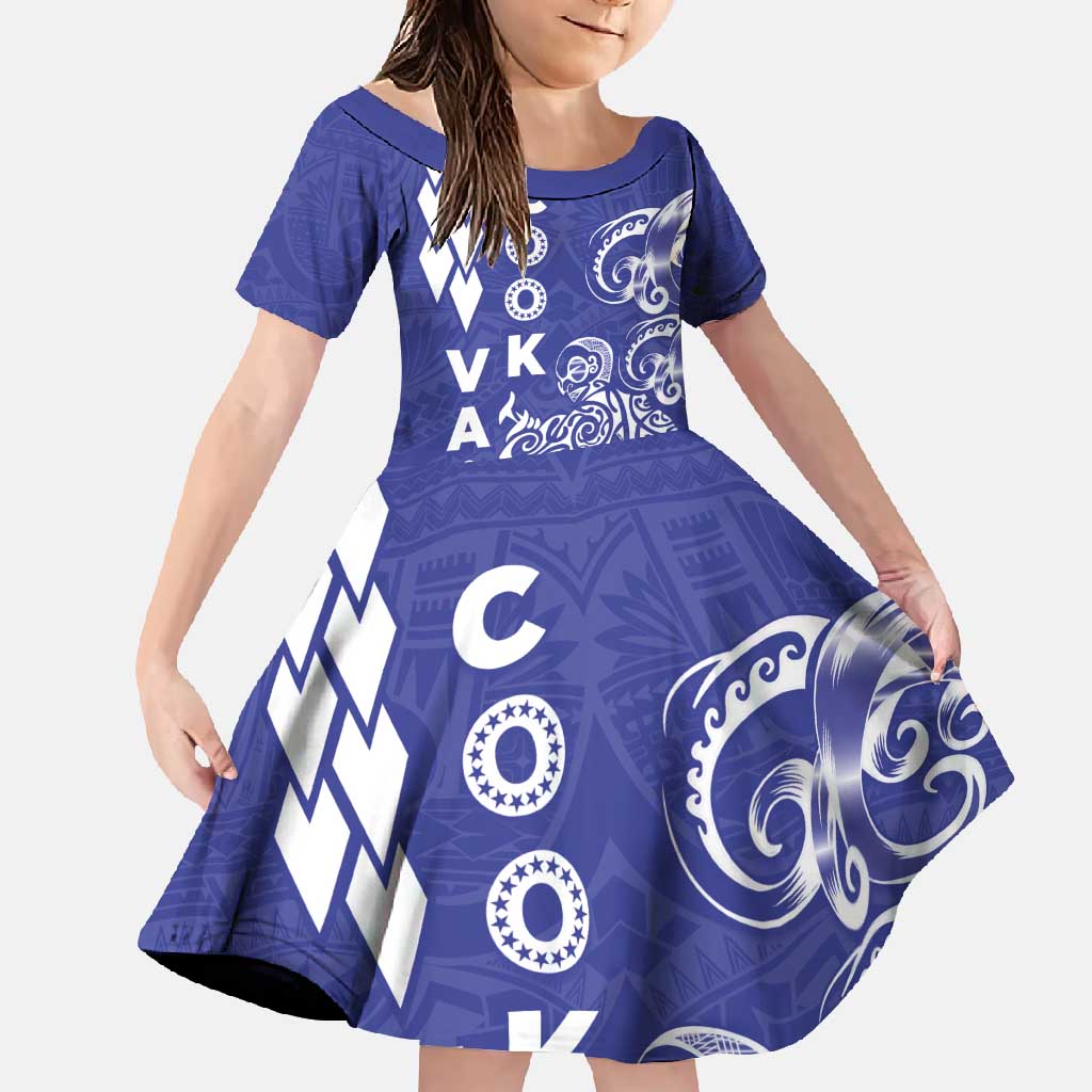Cook Islands Va'a Polynesian Art Tattoo Family Matching Long Sleeve Bodycon Dress and Hawaiian Shirt Blue Color LT03 Daughter's Dress Blue - Polynesian Pride