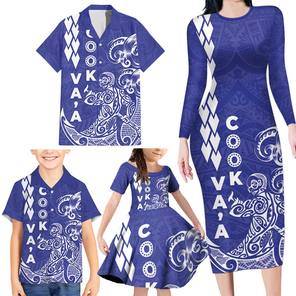 Cook Islands Va'a Polynesian Art Tattoo Family Matching Long Sleeve Bodycon Dress and Hawaiian Shirt Blue Color LT03 - Polynesian Pride