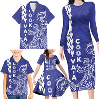 Cook Islands Va'a Polynesian Art Tattoo Family Matching Long Sleeve Bodycon Dress and Hawaiian Shirt Blue Color LT03 - Polynesian Pride