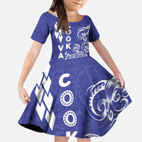 Cook Islands Va'a Polynesian Art Tattoo Family Matching Puletasi and Hawaiian Shirt Blue Color LT03 Daughter's Dress Blue - Polynesian Pride