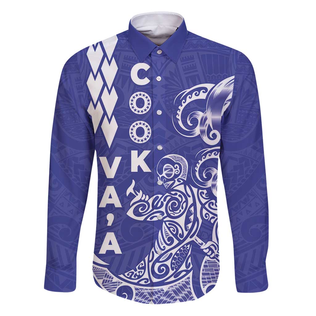 Cook Islands Va'a Polynesian Art Tattoo Family Matching Puletasi and Hawaiian Shirt Blue Color LT03 Dad's Shirt - Long Sleeve Blue - Polynesian Pride