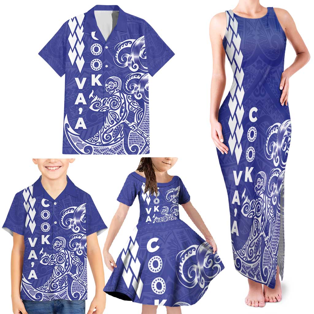 Cook Islands Vaa Polynesian Art Tattoo Family Matching Tank Maxi Dress and Hawaiian Shirt Blue Color