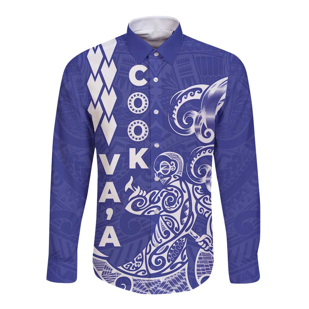 Cook Islands Vaa Polynesian Art Tattoo Long Sleeve Button Shirt Blue Color