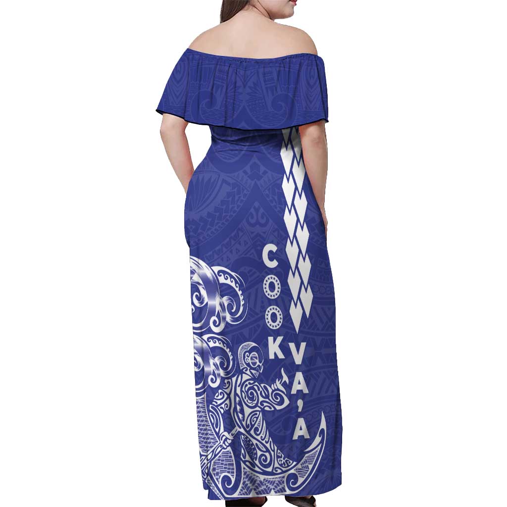 Cook Islands Vaa Polynesian Art Tattoo Off Shoulder Maxi Dress Blue Color