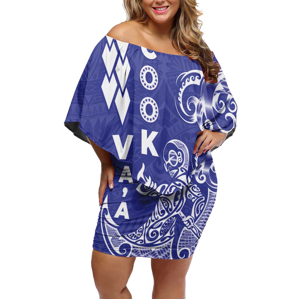 Cook Islands Vaa Polynesian Art Tattoo Off Shoulder Short Dress Blue Color