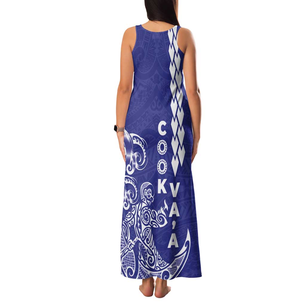 Cook Islands Vaa Polynesian Art Tattoo Tank Maxi Dress Blue Color