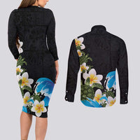 Hawaiian Plumeria and Turtle Couples Matching Long Sleeve Bodycon Dress and Long Sleeve Button Shirt with Polynesian Tribal Art Pattern Vintage Vibes LT03 - Polynesian Pride