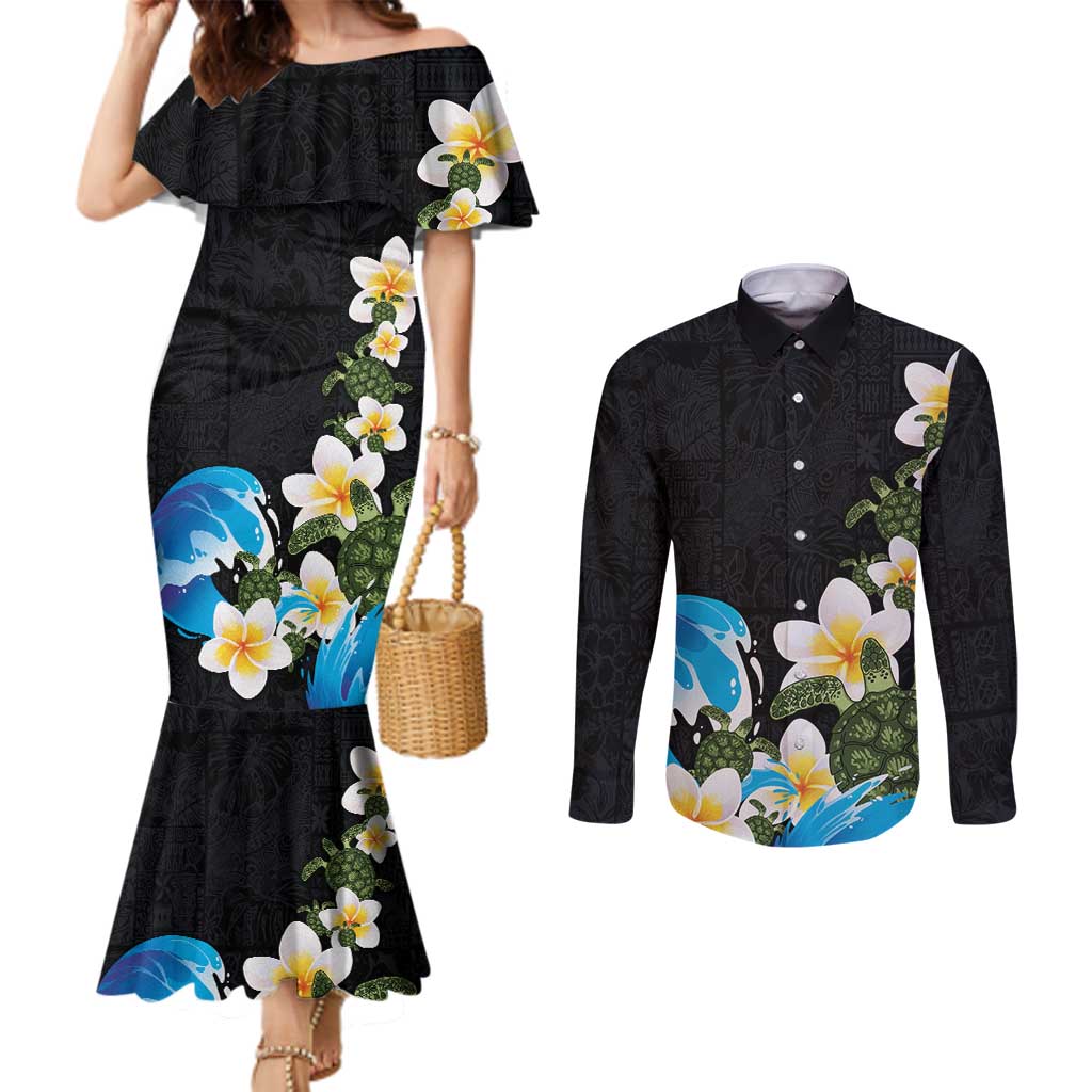 Hawaiian Plumeria and Turtle Couples Matching Mermaid Dress and Long Sleeve Button Shirt with Polynesian Tribal Art Pattern Vintage Vibes LT03 Black - Polynesian Pride