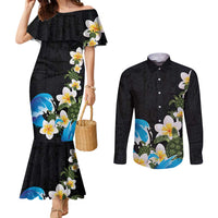 Hawaiian Plumeria and Turtle Couples Matching Mermaid Dress and Long Sleeve Button Shirt with Polynesian Tribal Art Pattern Vintage Vibes LT03 Black - Polynesian Pride