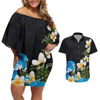 Hawaiian Plumeria and Turtle Couples Matching Off Shoulder Short Dress and Hawaiian Shirt with Polynesian Tribal Art Pattern Vintage Vibes LT03 Black - Polynesian Pride