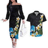 Hawaiian Plumeria and Turtle Couples Matching Off The Shoulder Long Sleeve Dress and Hawaiian Shirt with Polynesian Tribal Art Pattern Vintage Vibes LT03 Black - Polynesian Pride