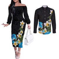 Hawaiian Plumeria and Turtle Couples Matching Off The Shoulder Long Sleeve Dress and Long Sleeve Button Shirt with Polynesian Tribal Art Pattern Vintage Vibes LT03 Black - Polynesian Pride