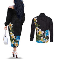 Hawaiian Plumeria and Turtle Couples Matching Off The Shoulder Long Sleeve Dress and Long Sleeve Button Shirt with Polynesian Tribal Art Pattern Vintage Vibes LT03 - Polynesian Pride