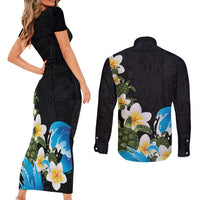 Hawaiian Plumeria and Turtle Couples Matching Short Sleeve Bodycon Dress and Long Sleeve Button Shirt with Polynesian Tribal Art Pattern Vintage Vibes LT03 - Polynesian Pride