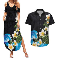 Hawaiian Plumeria and Turtle Couples Matching Summer Maxi Dress and Hawaiian Shirt with Polynesian Tribal Art Pattern Vintage Vibes LT03 Black - Polynesian Pride