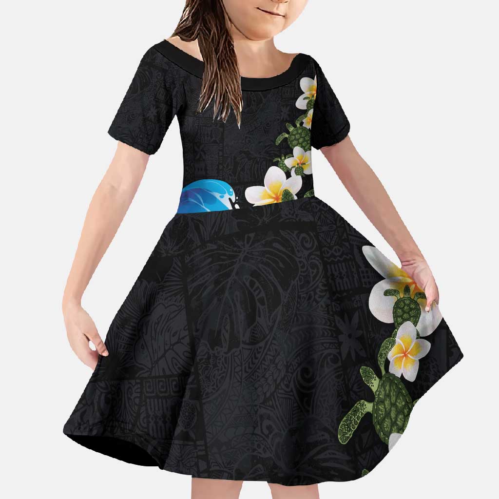 Hawaiian Plumeria and Turtle Family Matching Long Sleeve Bodycon Dress and Hawaiian Shirt with Polynesian Tribal Art Pattern Vintage Vibes LT03 Daughter's Dress Black - Polynesian Pride