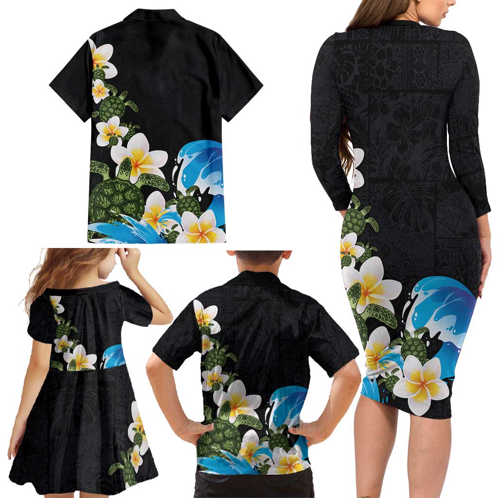 Hawaiian Plumeria and Turtle Family Matching Long Sleeve Bodycon Dress and Hawaiian Shirt with Polynesian Tribal Art Pattern Vintage Vibes LT03 - Polynesian Pride