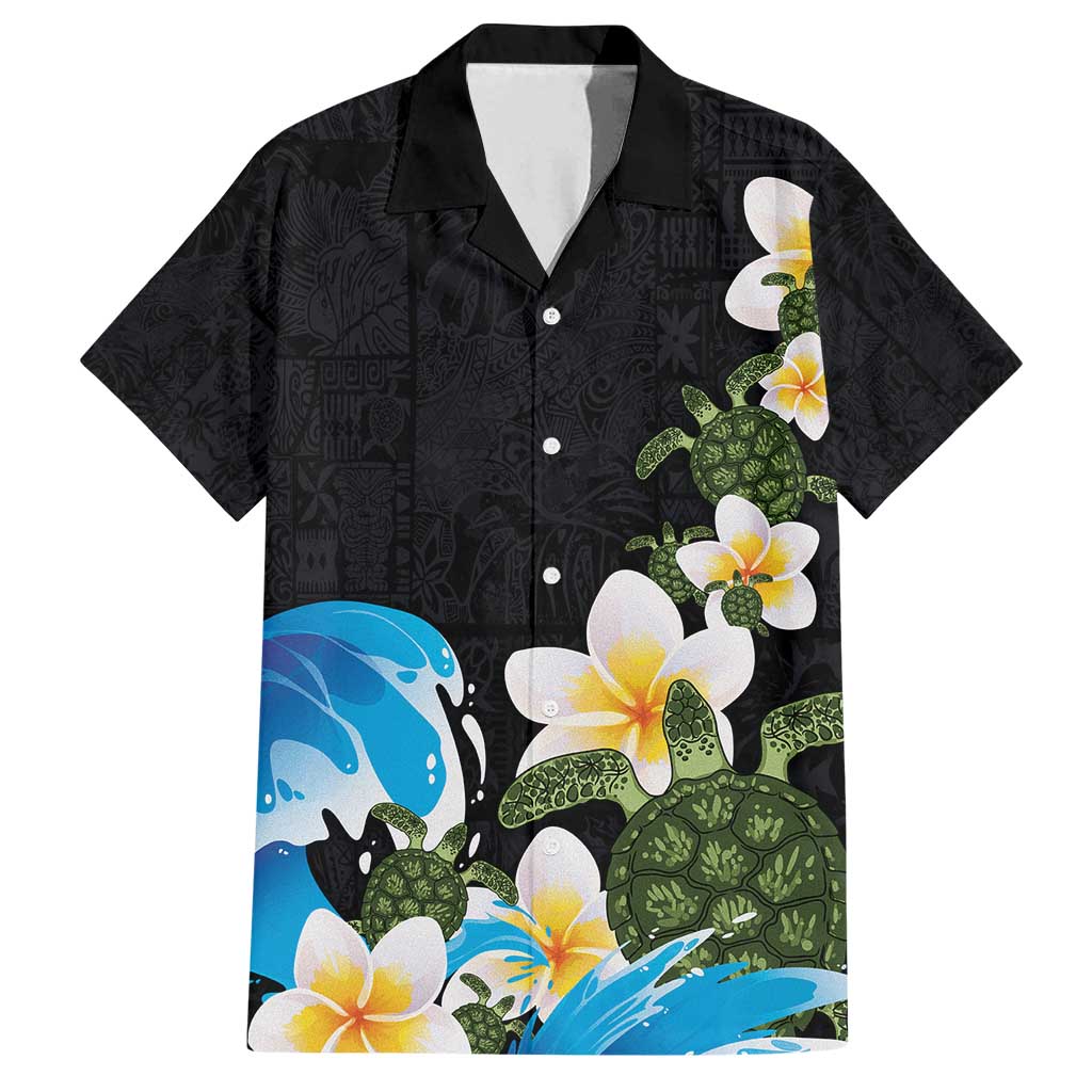 Hawaiian Plumeria and Turtle Family Matching Long Sleeve Bodycon Dress and Hawaiian Shirt with Polynesian Tribal Art Pattern Vintage Vibes LT03 Dad's Shirt - Short Sleeve Black - Polynesian Pride