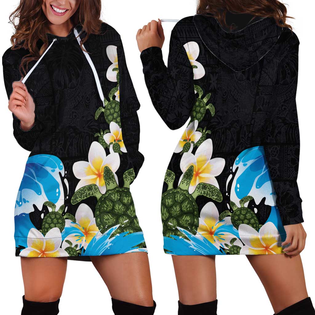 Hawaiian Plumeria and Turtle Hoodie Dress with Polynesian Tribal Art Pattern Vintage Vibes