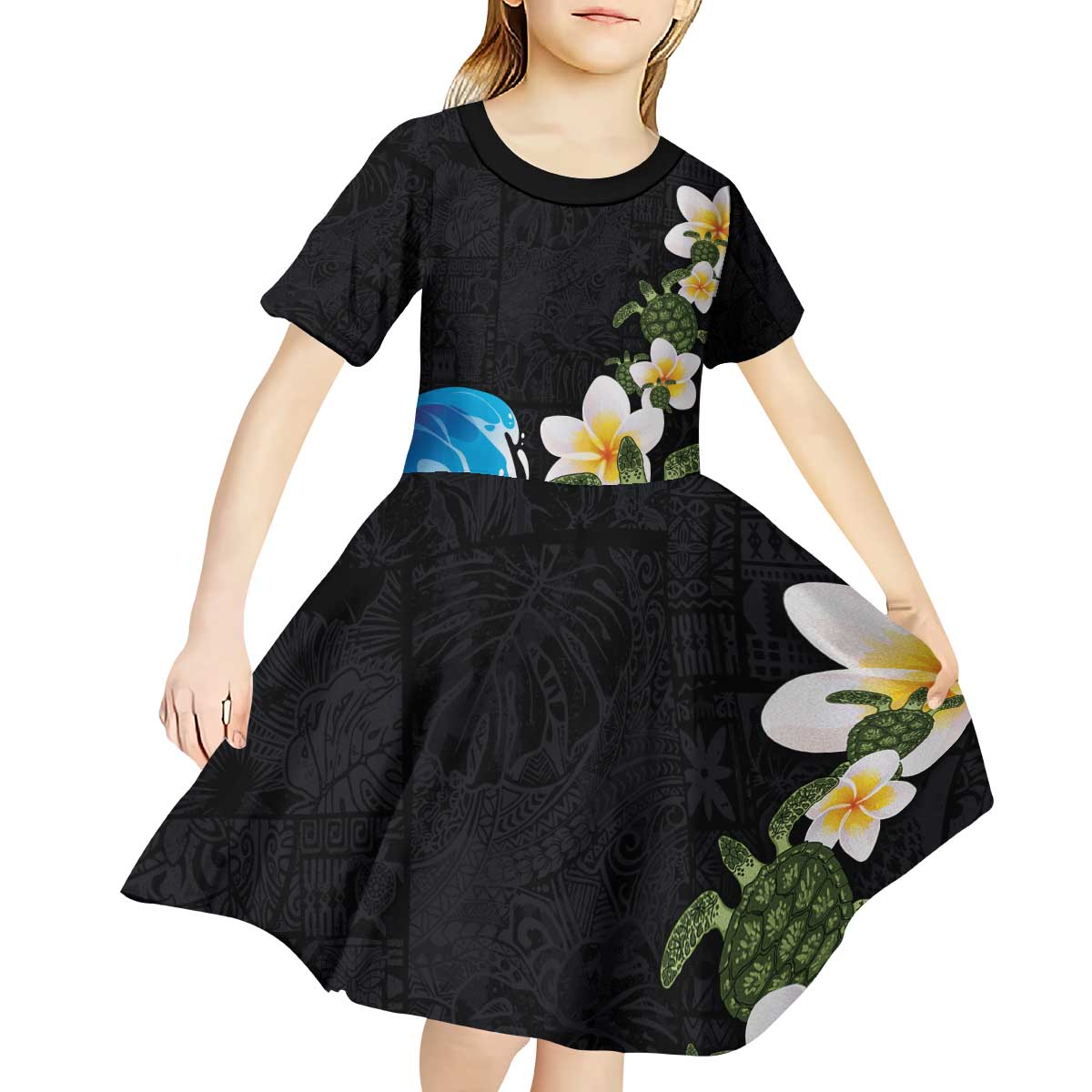 Hawaiian Plumeria and Turtle Kid Short Sleeve Dress with Polynesian Tribal Art Pattern Vintage Vibes