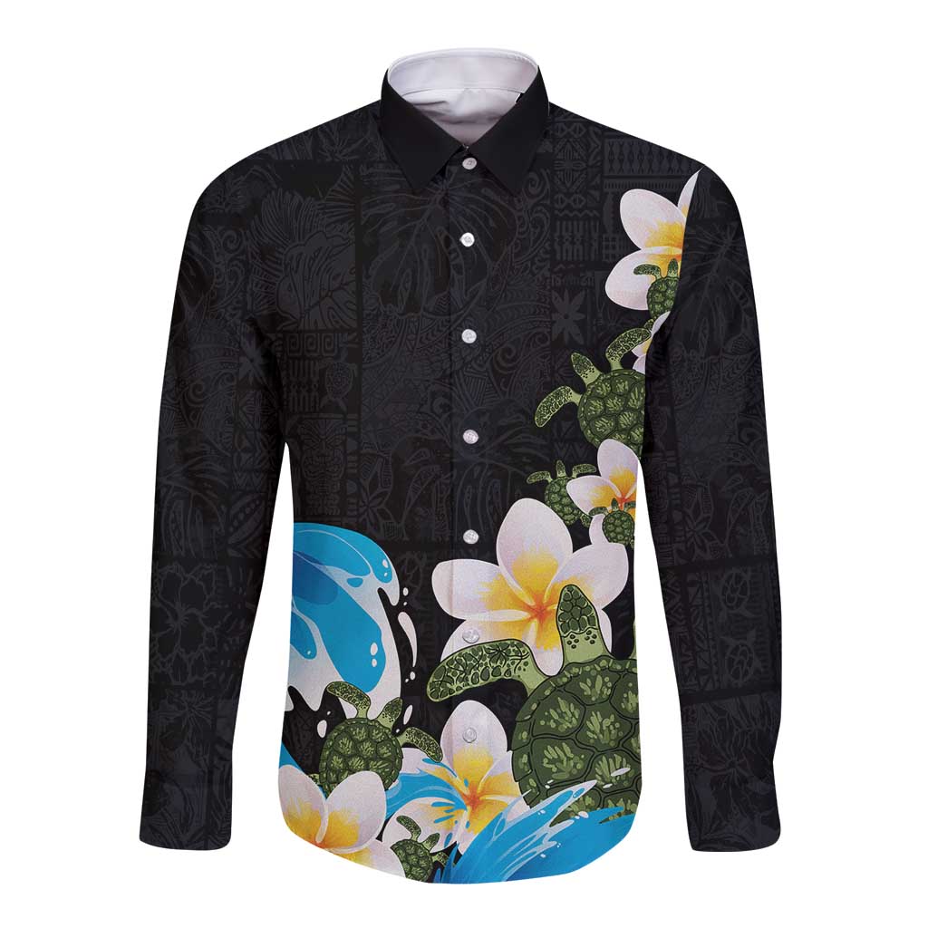 Hawaiian Plumeria and Turtle Long Sleeve Button Shirt with Polynesian Tribal Art Pattern Vintage Vibes