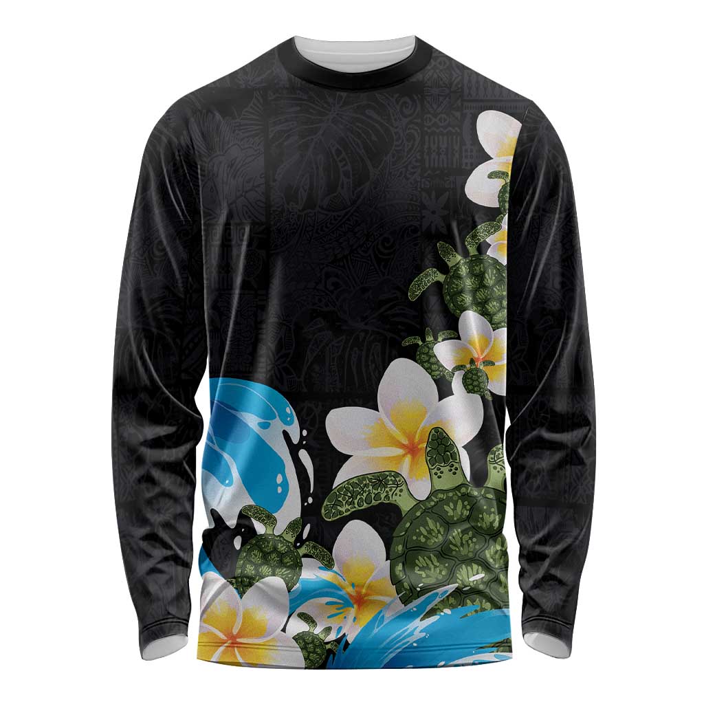 Hawaiian Plumeria and Turtle Long Sleeve Shirt with Polynesian Tribal Art Pattern Vintage Vibes