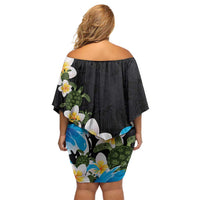 Hawaiian Plumeria and Turtle Off Shoulder Short Dress with Polynesian Tribal Art Pattern Vintage Vibes