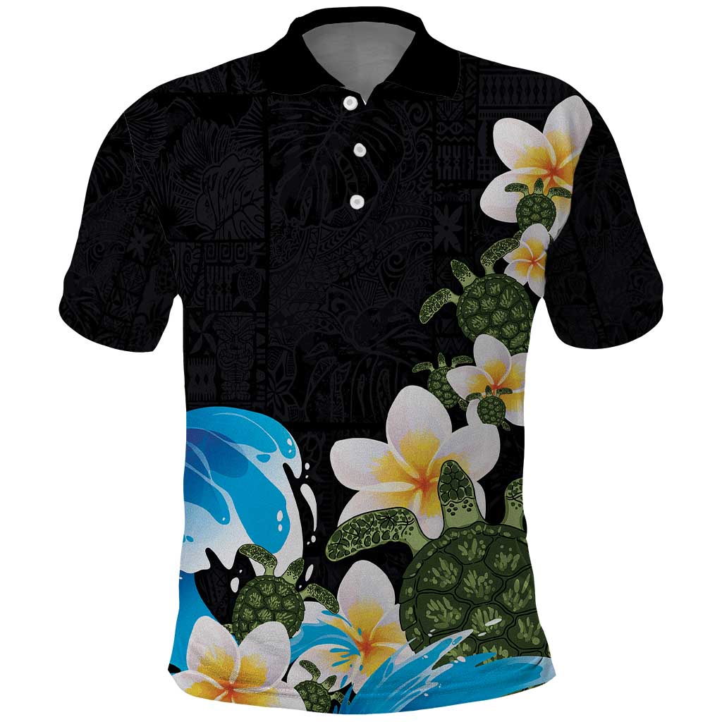 Hawaiian Plumeria and Turtle Polo Shirt with Polynesian Tribal Art Pattern Vintage Vibes LT03 Black - Polynesian Pride