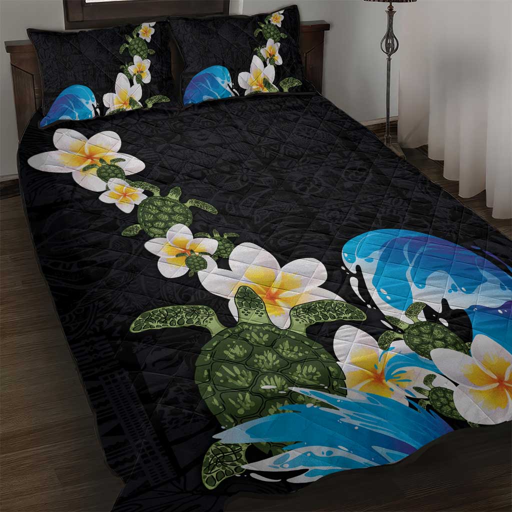 Hawaiian Plumeria and Turtle Quilt Bed Set with Polynesian Tribal Art Pattern Vintage Vibes