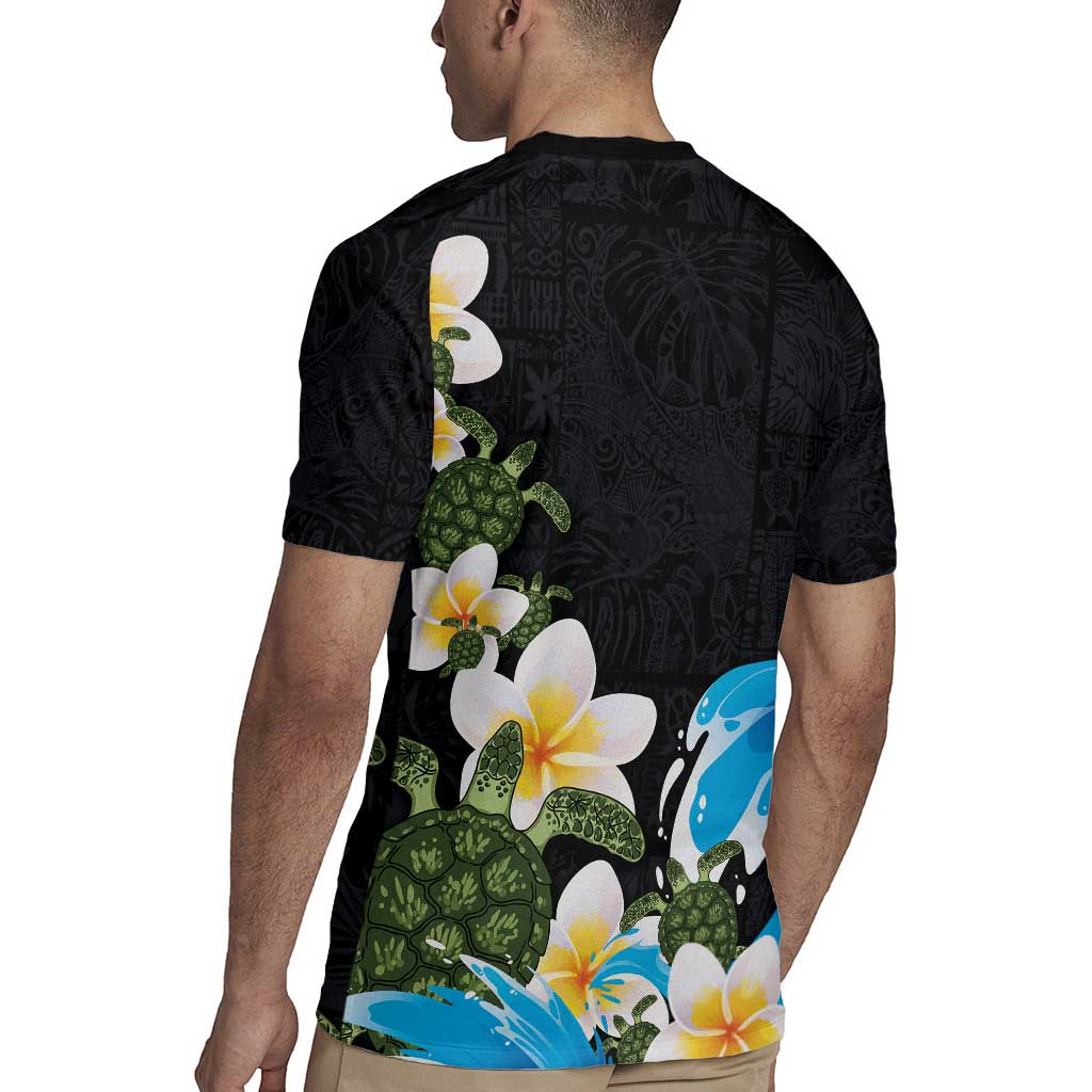 Hawaiian Plumeria and Turtle Rugby Jersey with Polynesian Tribal Art Pattern Vintage Vibes
