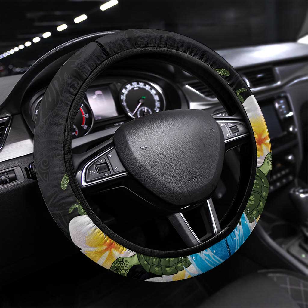 Hawaiian Plumeria and Turtle Steering Wheel Cover with Polynesian Tribal Art Pattern Vintage Vibes