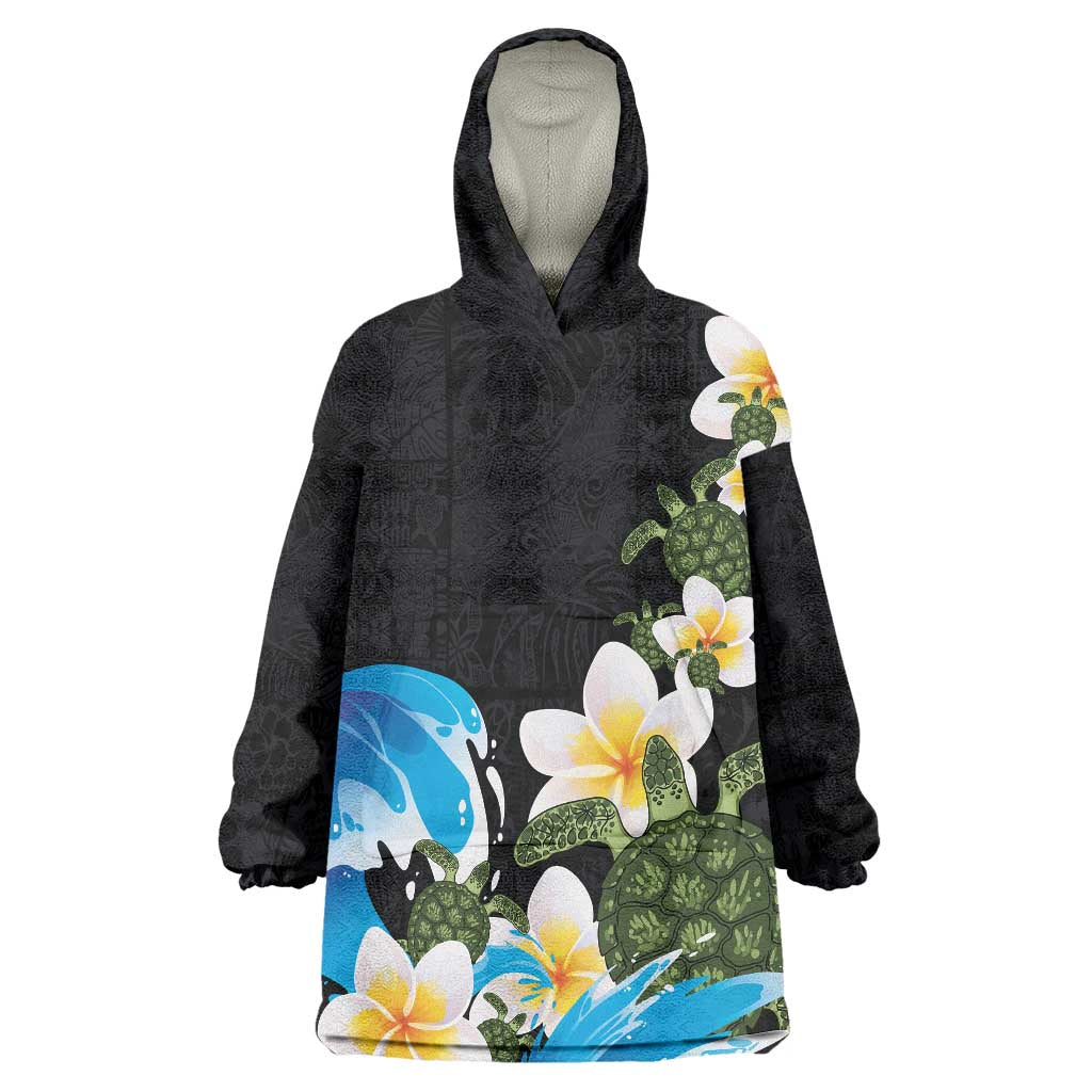 Hawaiian Plumeria and Turtle Wearable Blanket Hoodie with Polynesian Tribal Art Pattern Vintage Vibes