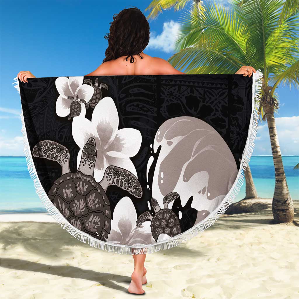 Hawaiian Plumeria and Turtle Beach Blanket with Polynesian Tribal Art Pattern Grayscale Color LT03 - Polynesian Pride