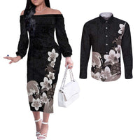 Hawaiian Plumeria and Turtle Couples Matching Off The Shoulder Long Sleeve Dress and Long Sleeve Button Shirt with Polynesian Tribal Art Pattern Grayscale Color LT03 Black - Polynesian Pride