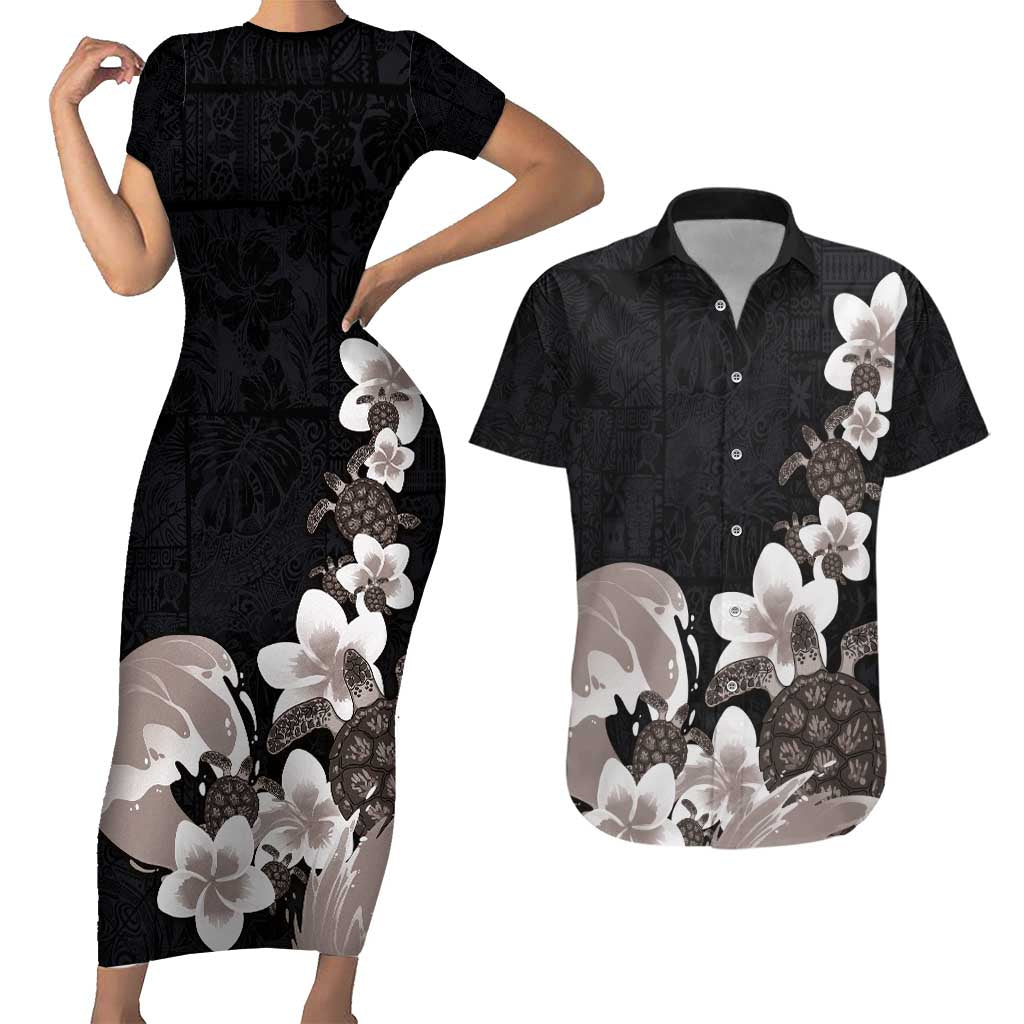 Hawaiian Plumeria and Turtle Couples Matching Short Sleeve Bodycon Dress and Hawaiian Shirt with Polynesian Tribal Art Pattern Grayscale Color