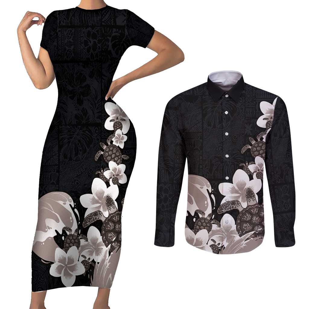 Hawaiian Plumeria and Turtle Couples Matching Short Sleeve Bodycon Dress and Long Sleeve Button Shirt with Polynesian Tribal Art Pattern Grayscale Color